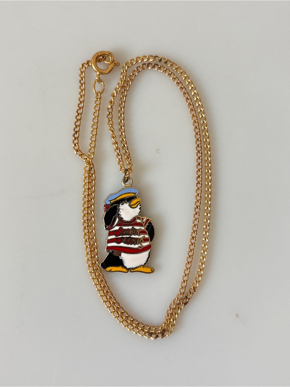 Vintage Hallmark Sail Along Penguin Enamel Pendant Necklace Gold Tone 1980s